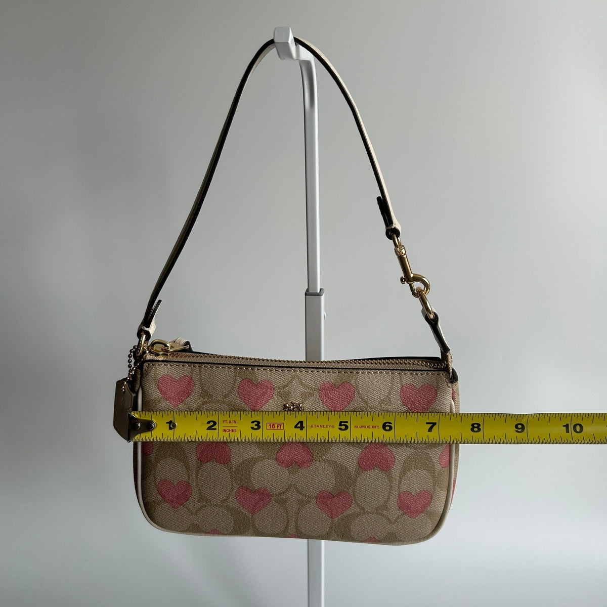 Coach Nolita 19 Pink Heart Khaki Signature Canvas Mini Shoulder Bag CQ144