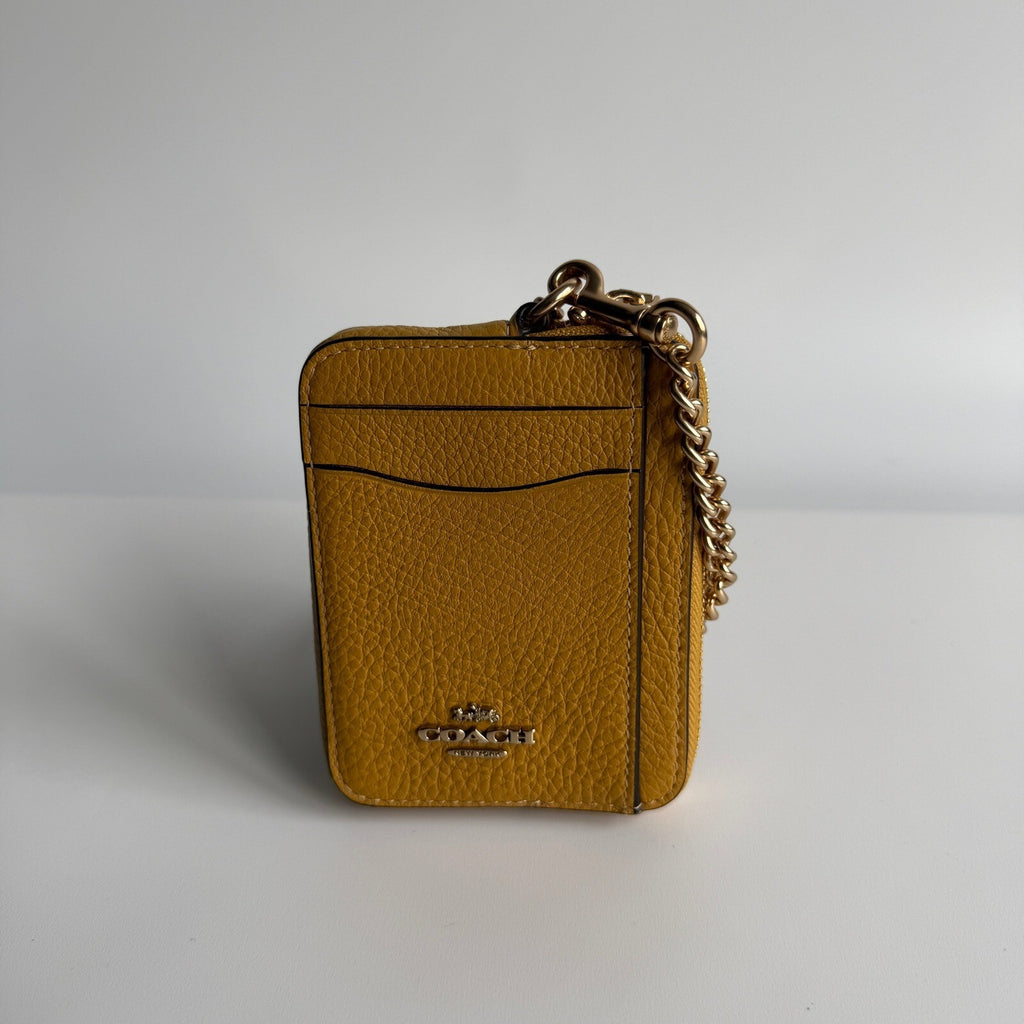 Coach Zip Card Case Wallet with Chain Ochre Yellow Pebble Leather 6303