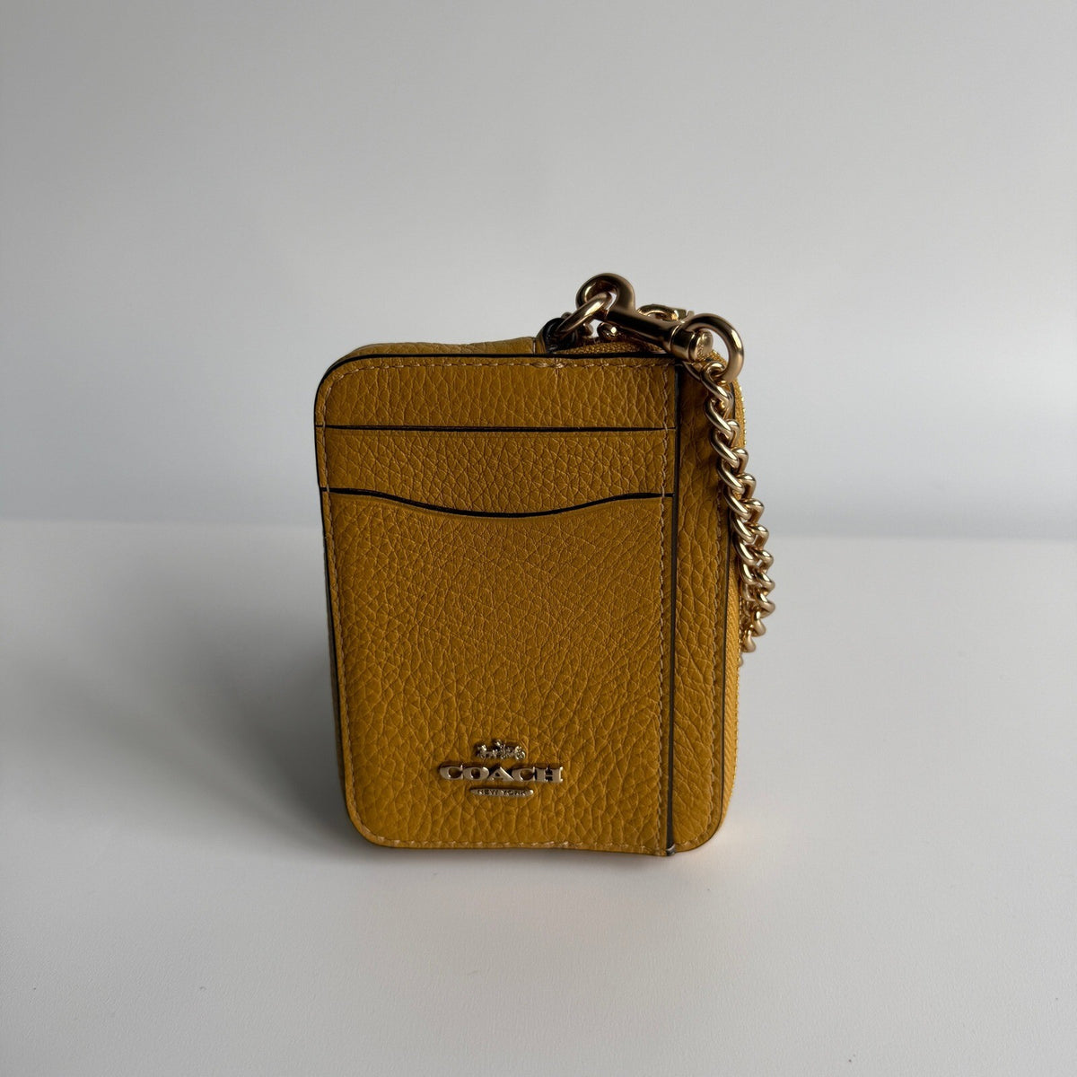 Coach Zip Card Case Wallet with Chain Ochre Yellow Pebble Leather 6303