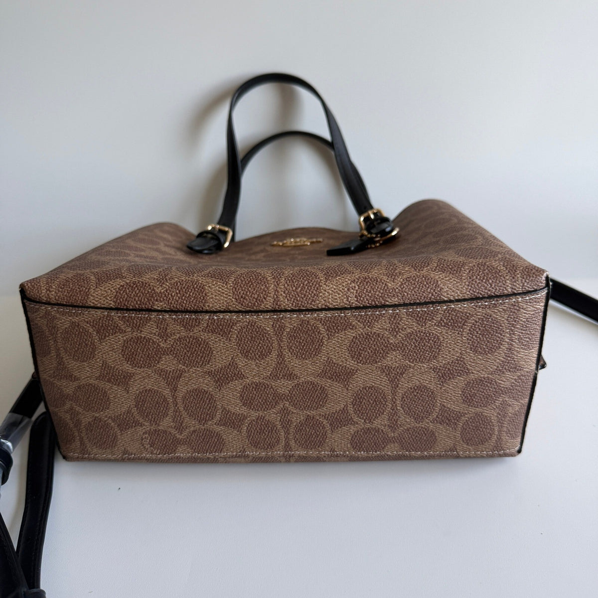Coach Mollie Tote 25 Tan Black Signature Canvas Leather Bag CV909