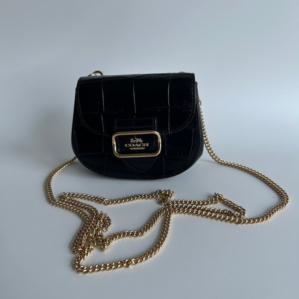 Coach Morgan Mini Wallet Card Case on a Chain Black Croc Embossed Leather CN379
