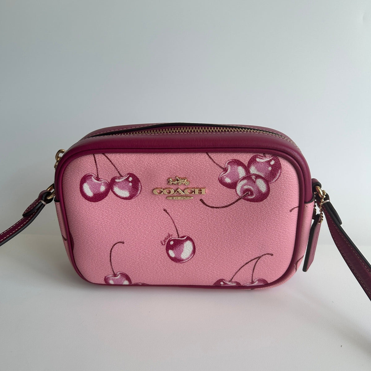 Coach Mini Jamie Camera Bag Pink Cherry Print Leather Crossbody CR173