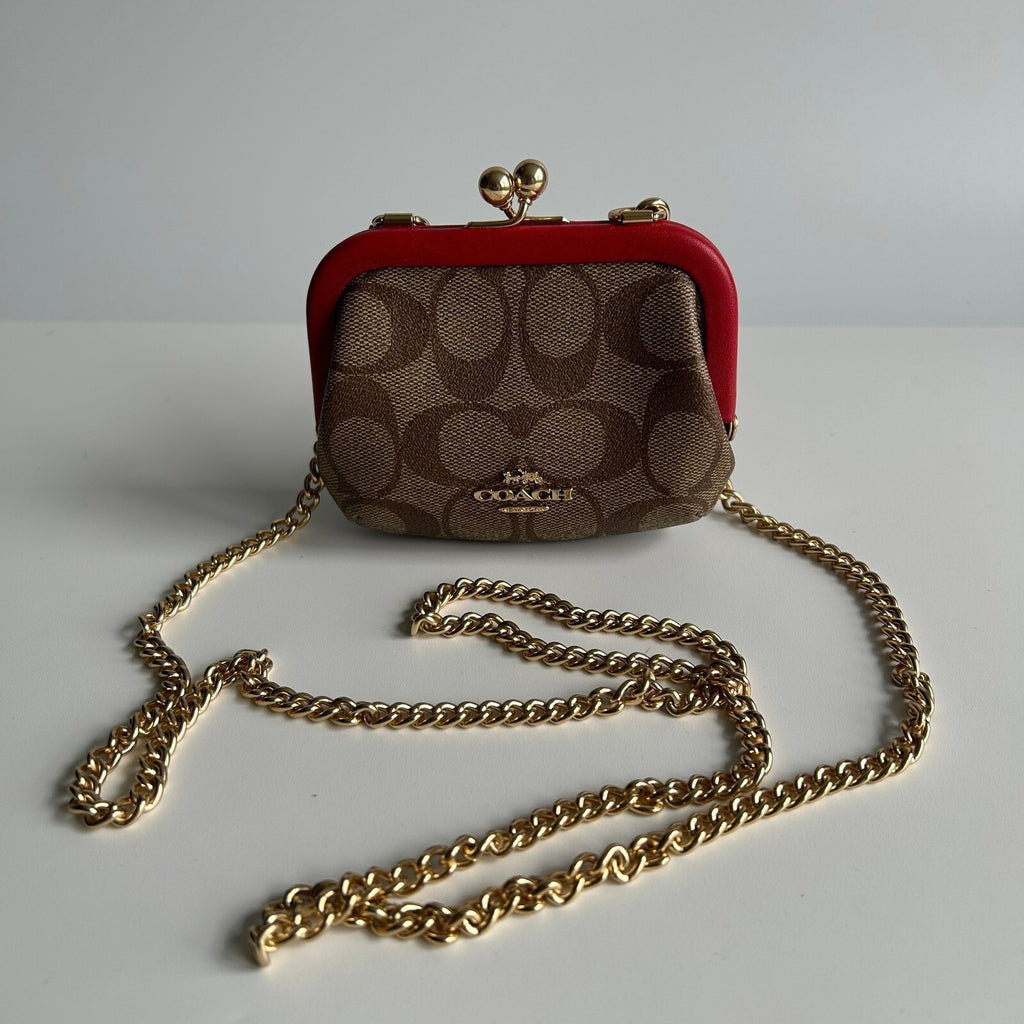 Coach Nora Kisslock Card Case Red Signature Canvas Crossbody Wallet CH520