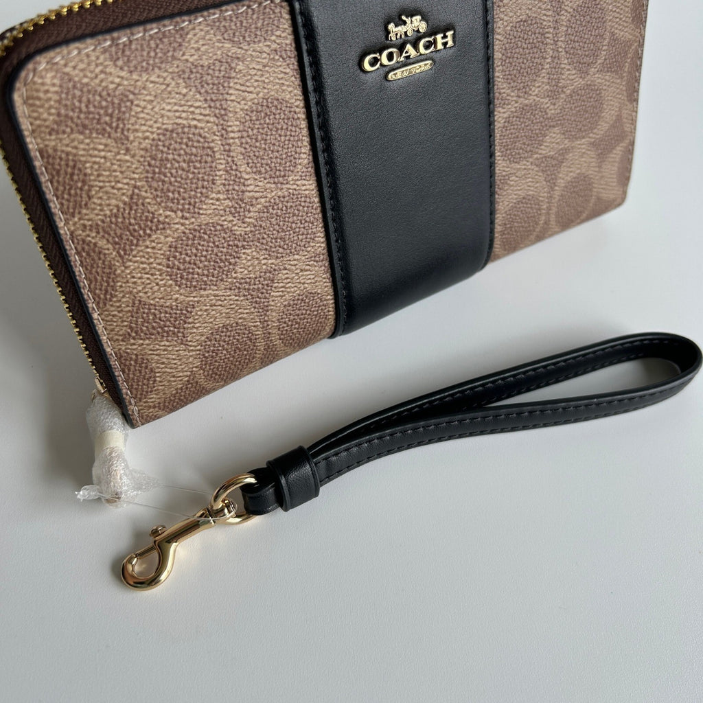Coach Long Zip Around Tan Black Signature Canvas Leather Wallet CW947
