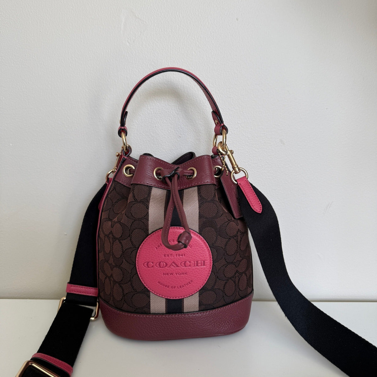 Coach Mini Dempsey Bucket Bag Pink Signature Jacquard Stripe Patch C8322