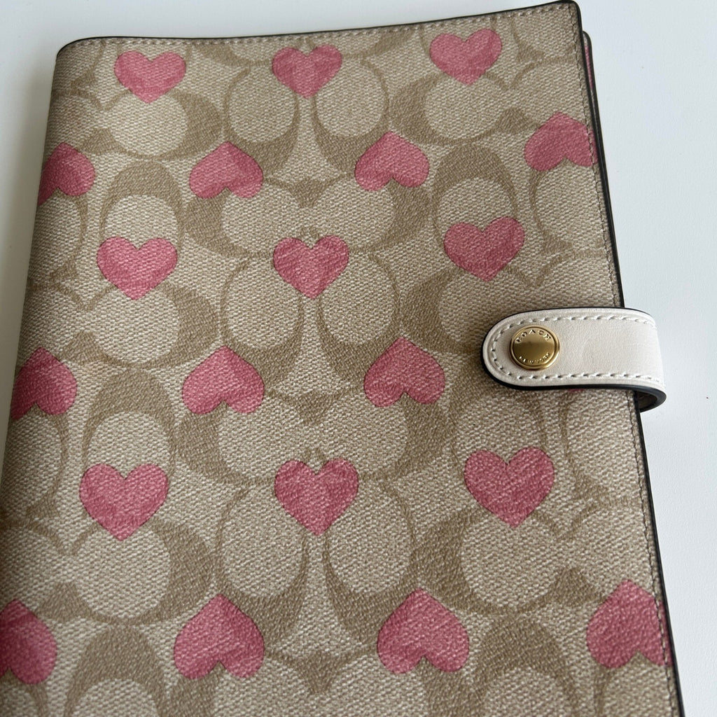 Coach Notebook Cover Pink Heart Khaki Signature Canvas Snap Closure CP378