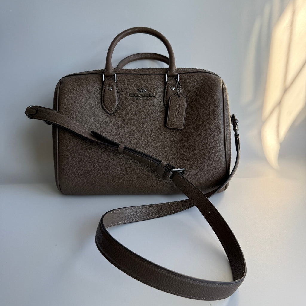 Coach Large Rowan Satchel Dark Stone Taupe Pebbled Leather Bag CV960