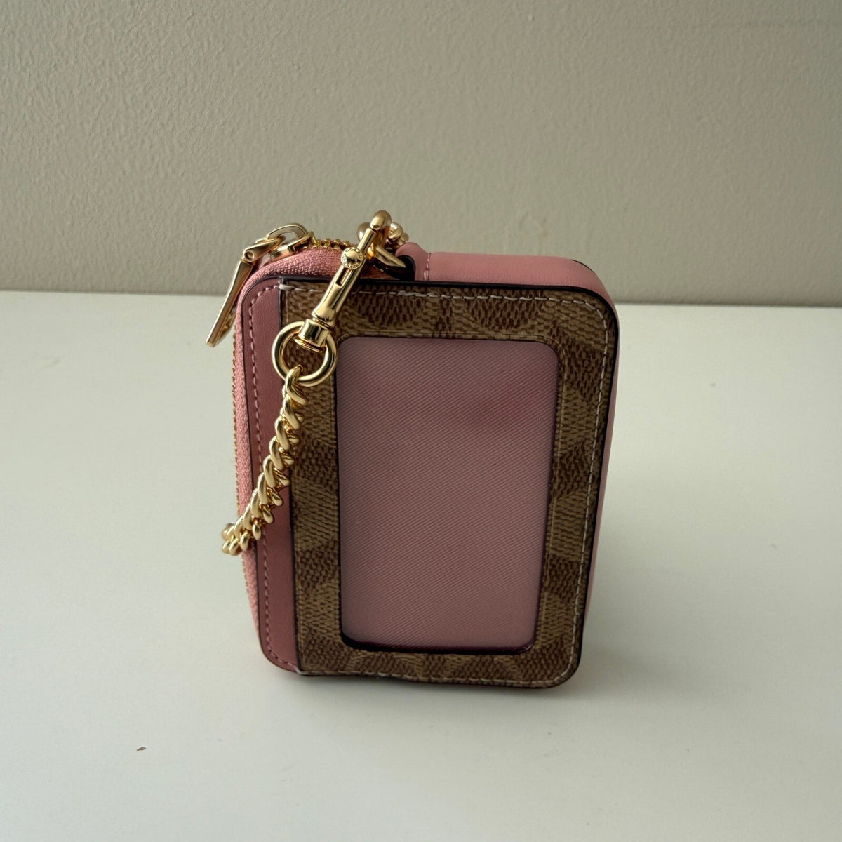 Coach Zip Card Case Tan Dusty Pink Signature Canvas CW883 Wallet
