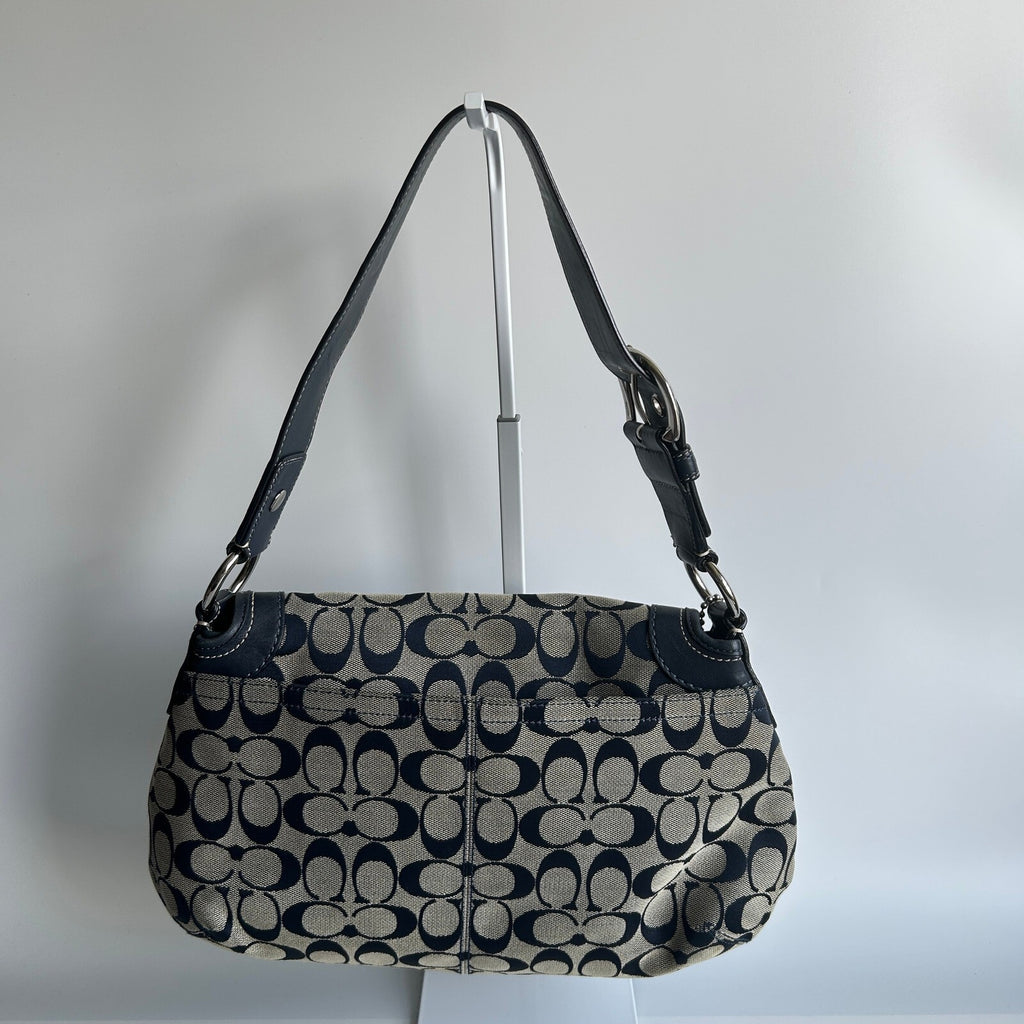 Coach Soho Pleated Flap Navy Gray Canvas Hobo Bag F13739