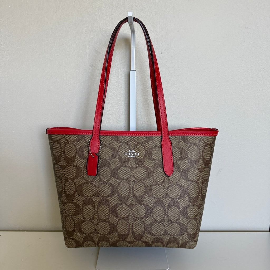 Coach City Tote Khaki Miami Red Signature Canvas Bag 5696