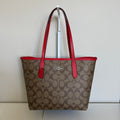 Coach City Tote Khaki Miami Red Signature Canvas Bag 5696