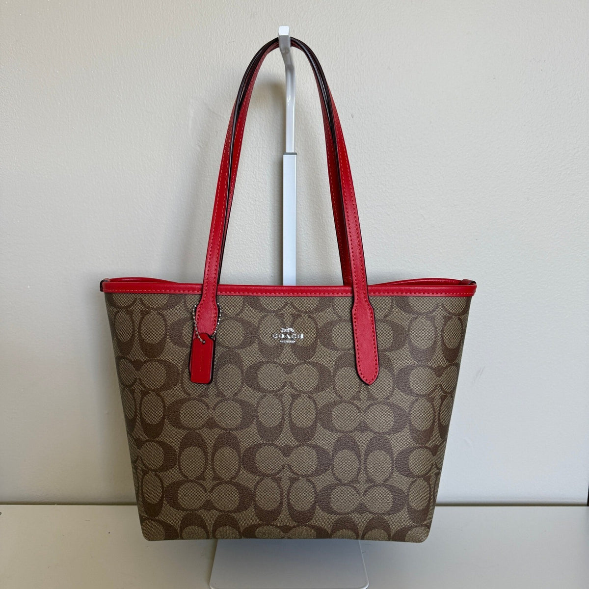 Coach City Tote Khaki Miami Red Signature Canvas Bag 5696