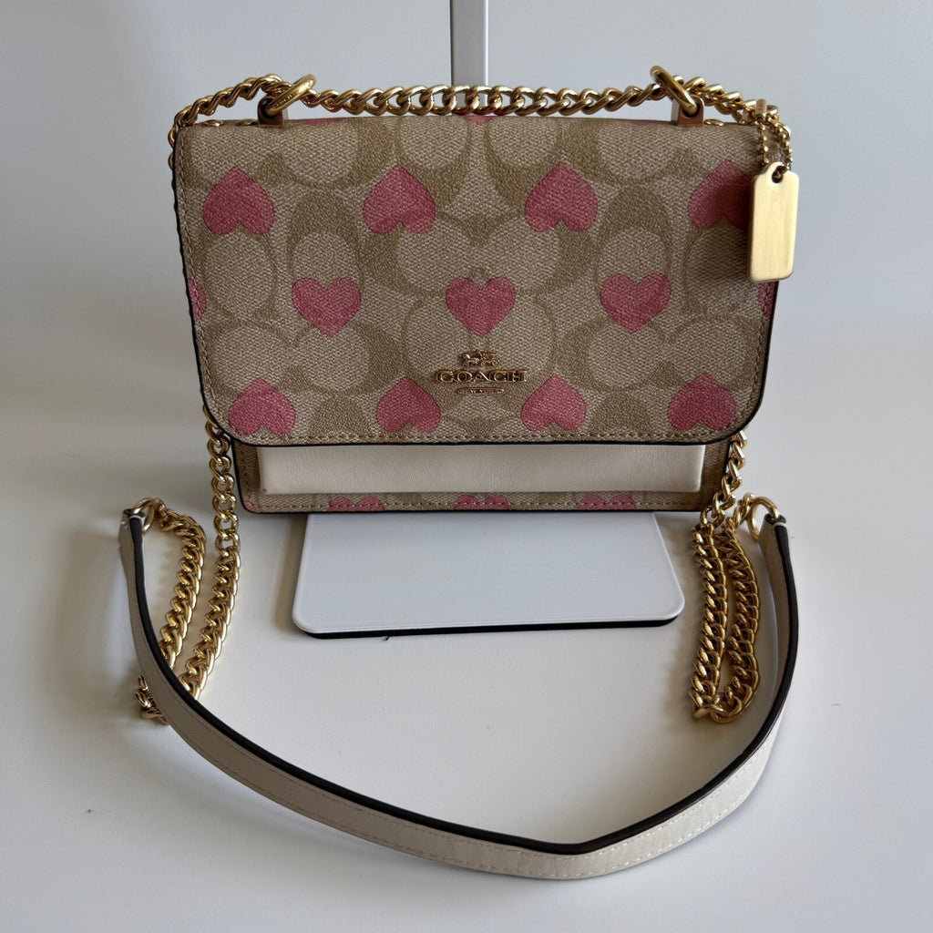 Coach Mini Klare Pink Heart Signature Canvas Leather Crossbody Bag CO950