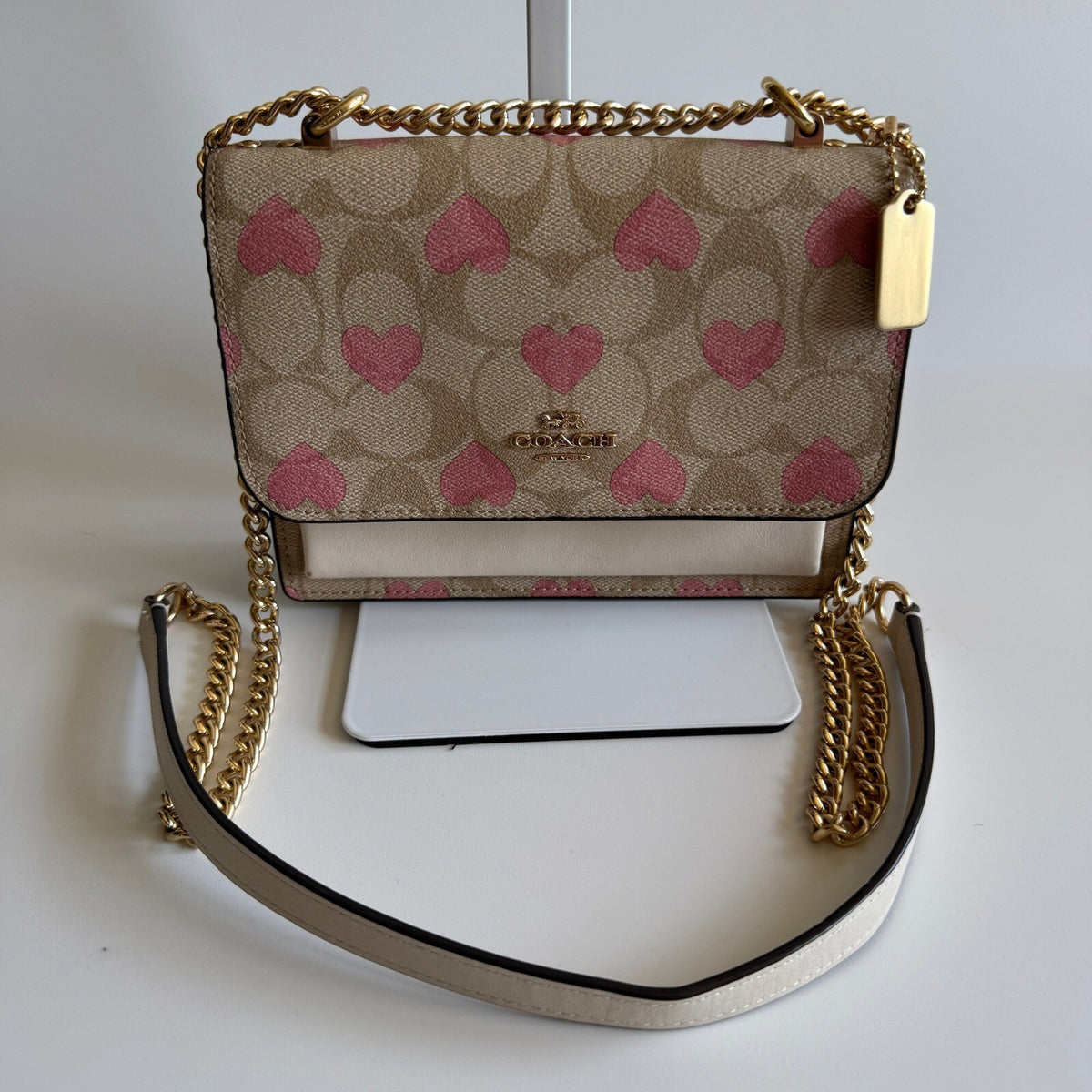 Coach Mini Klare Pink Heart Signature Canvas Leather Crossbody Bag CO950