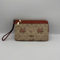 Coach Double Zip Wristlet Wallet Floral Sand Multi Signature Canvas CAY49