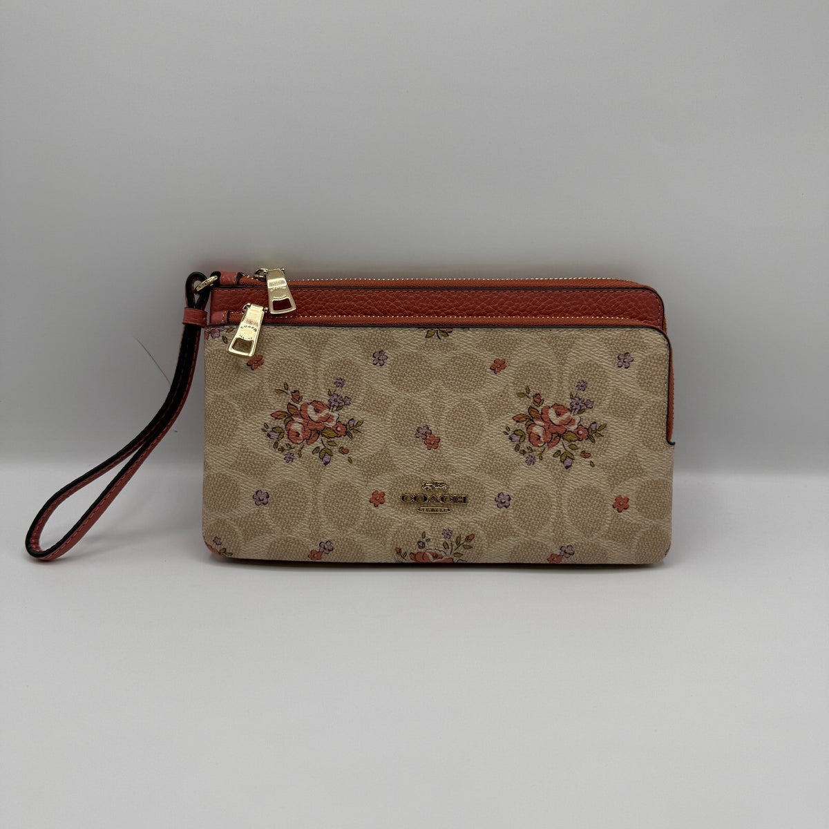 Coach Double Zip Wristlet Wallet Floral Sand Multi Signature Canvas CAY49