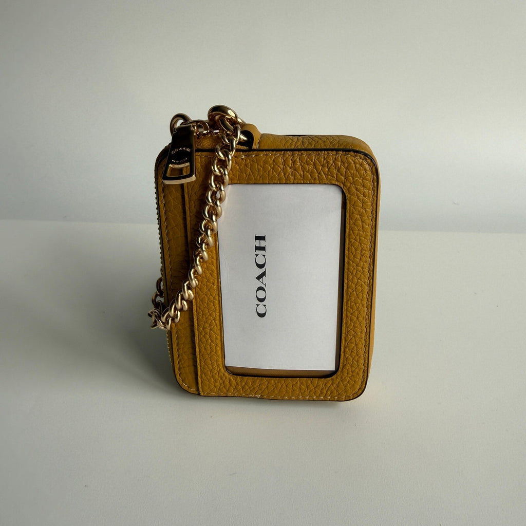 Coach Zip Card Case Wallet with Chain Ochre Yellow Pebble Leather 6303