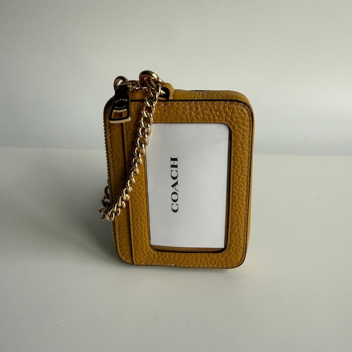 Coach Zip Card Case Wallet with Chain Ochre Yellow Pebble Leather 6303