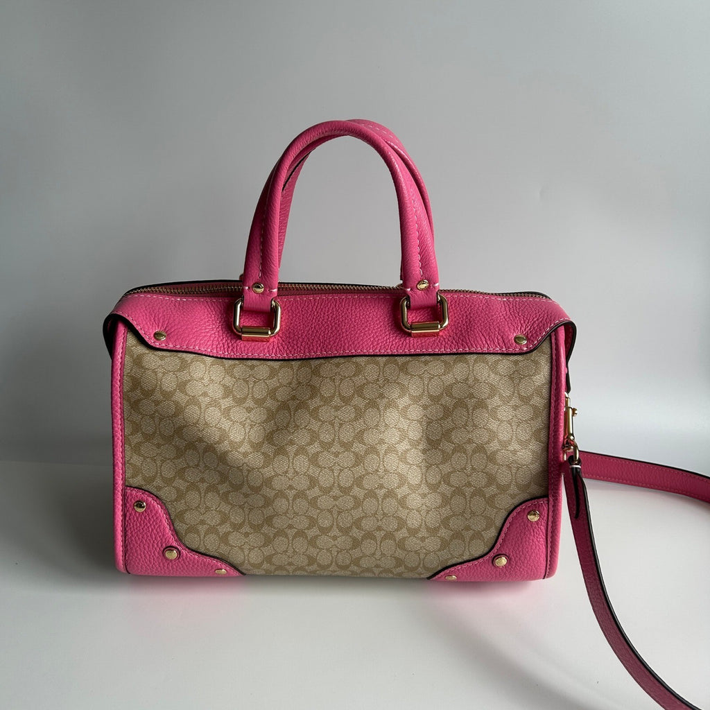 Coach Millie Satchel Light Khaki Petunia Pink Signature Canvas Bag CE637