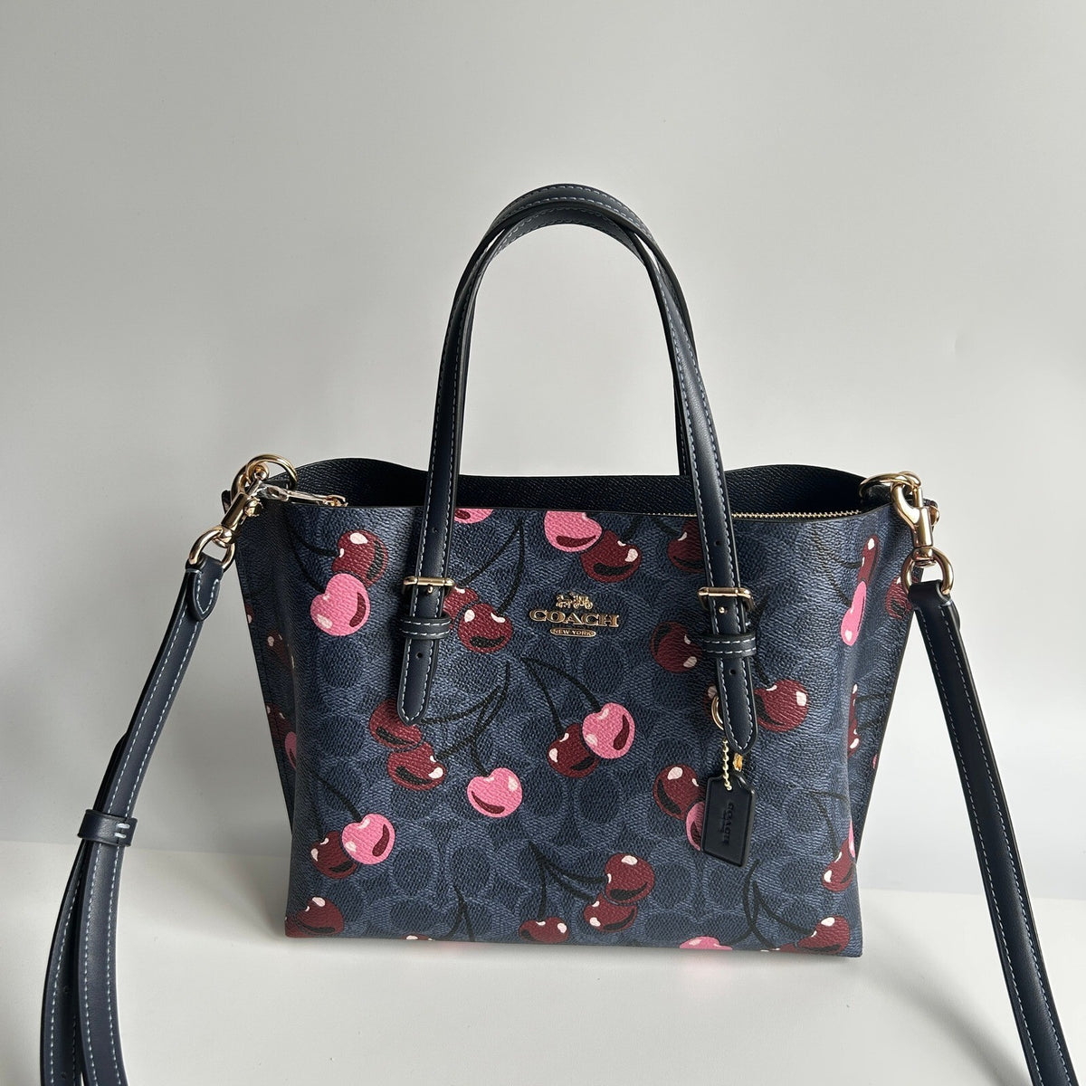 Coach Mollie Tote 25 Denim Blue Signature Canvas Cherry Print CZ772 Bag