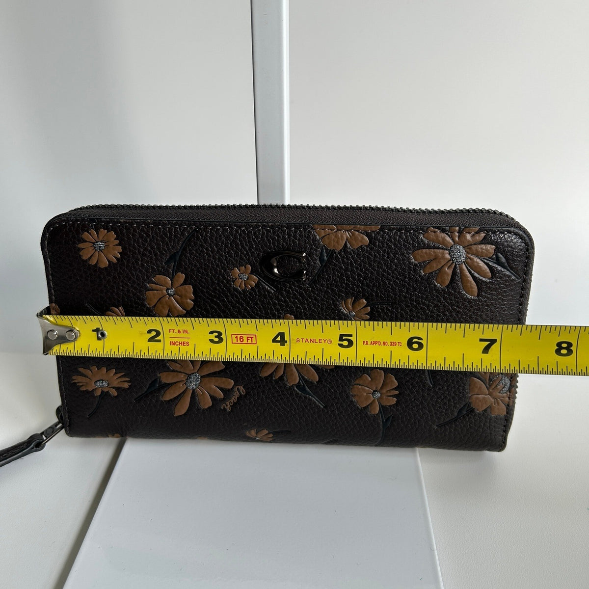 Coach Accordion Zip Wallet Pewter Pebble Leather Floral Print CE776