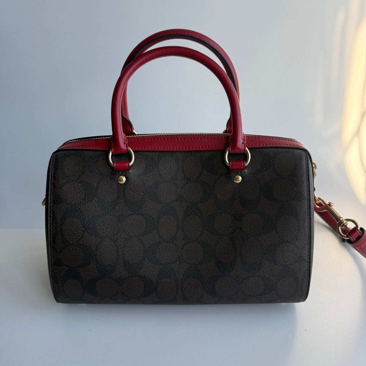Coach Rowan Satchel Brown True Red Signature Canvas Bag F83607