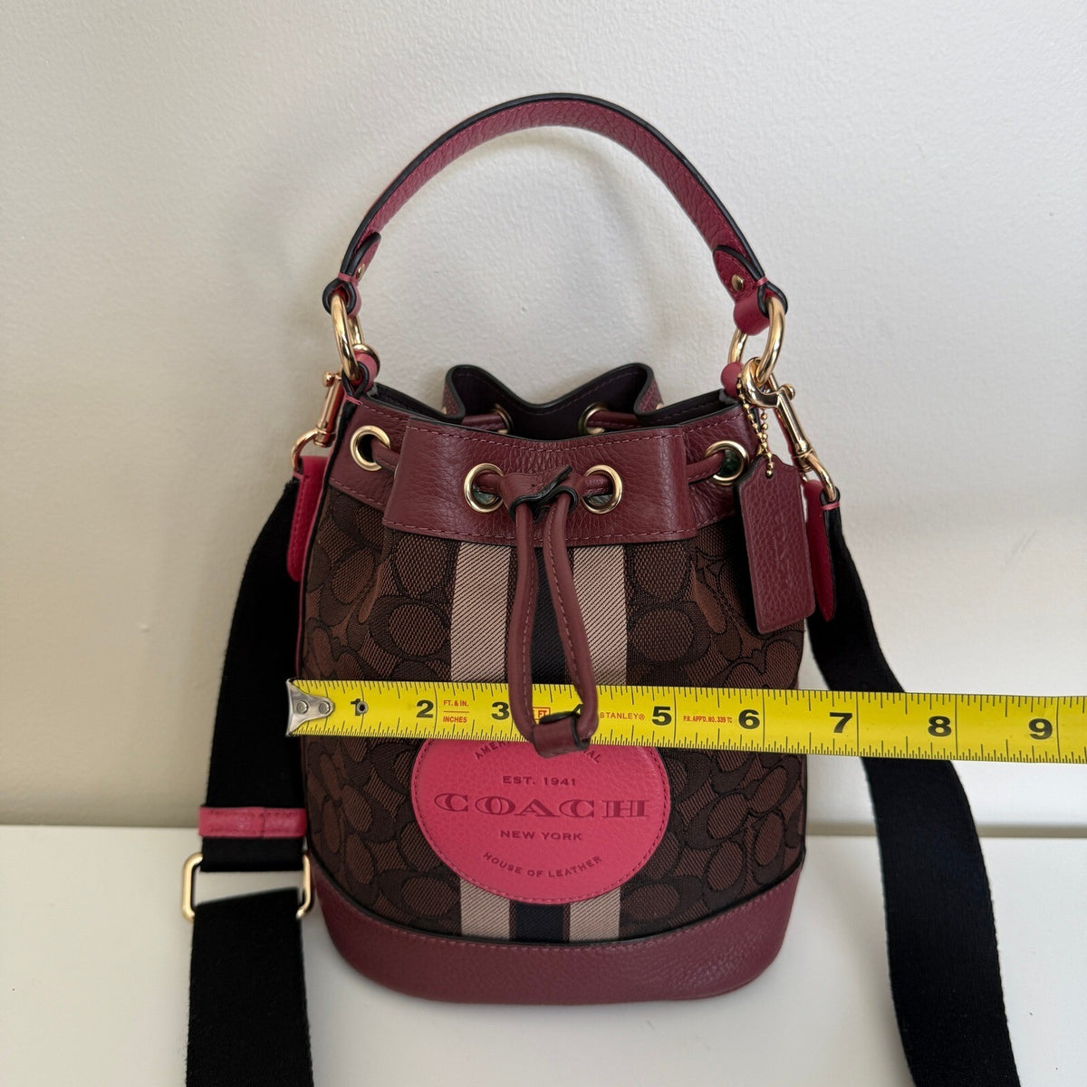 Coach Mini Dempsey Bucket Bag Pink Signature Jacquard Stripe Patch C8322