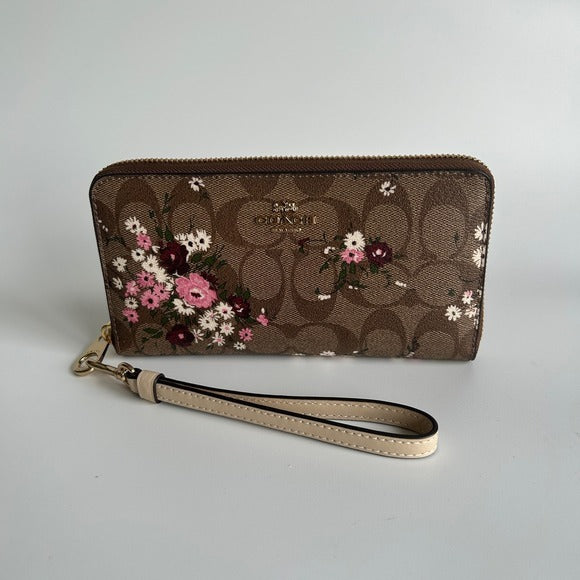 Coach Accordion Zip Wallet Brown Floral Signature Canvas