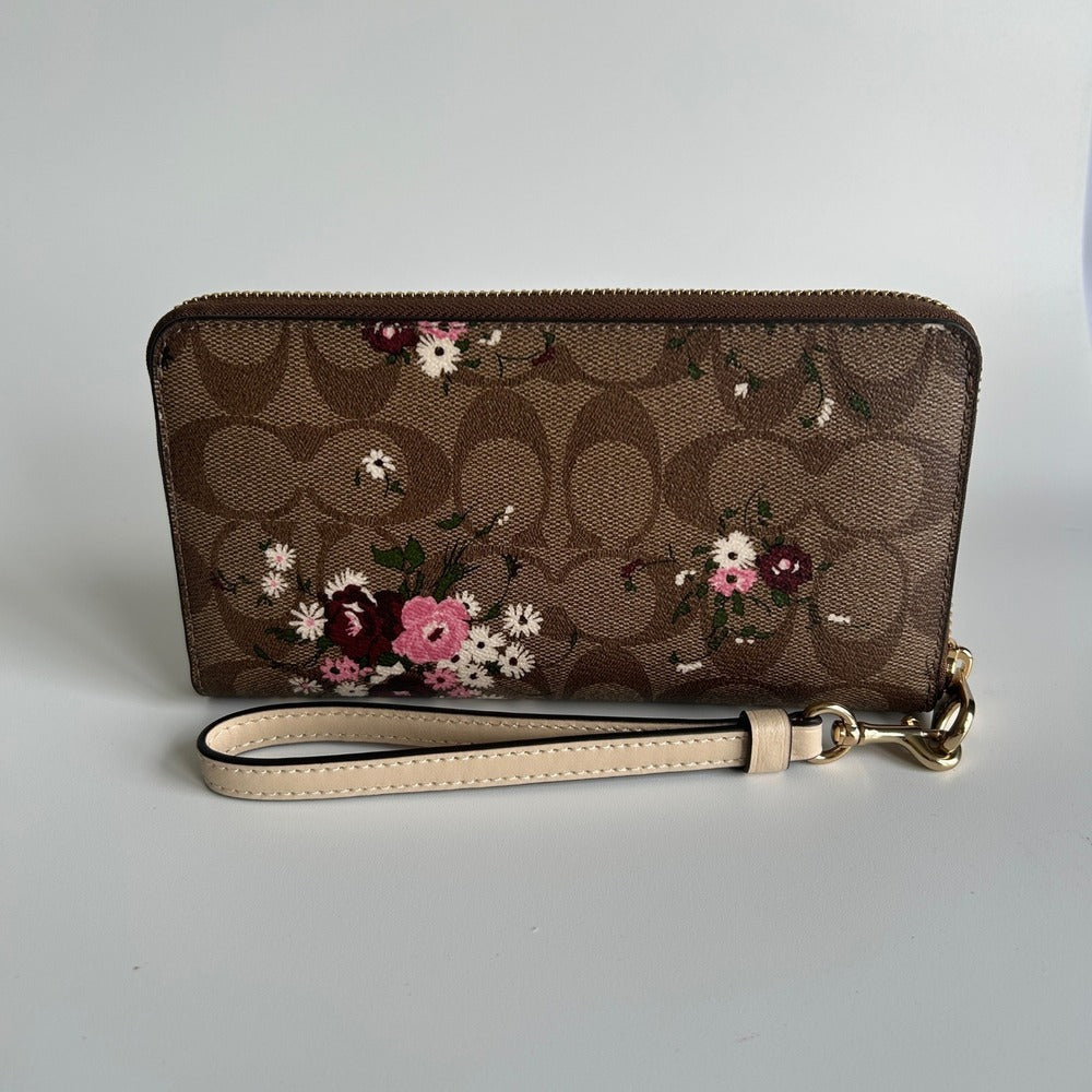 Coach Accordion Zip Wallet Brown Floral Signature Canvas