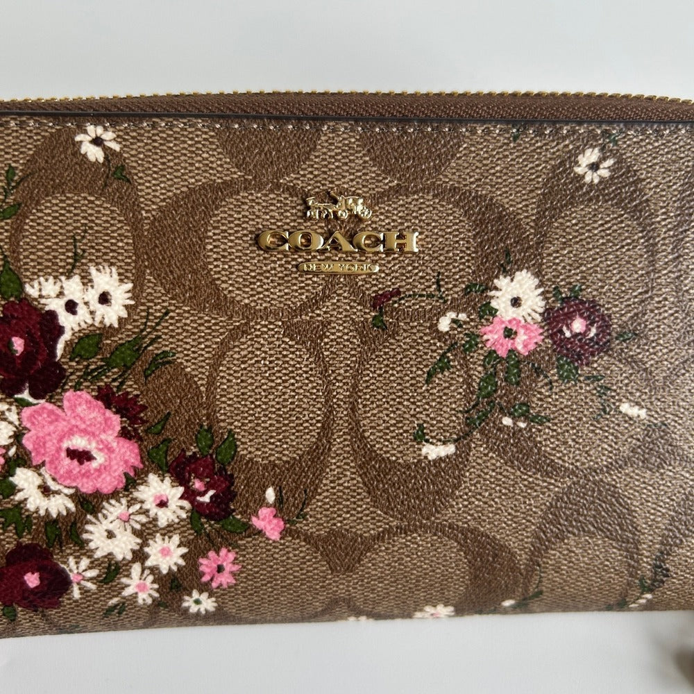 Coach Accordion Zip Wallet Brown Floral Signature Canvas