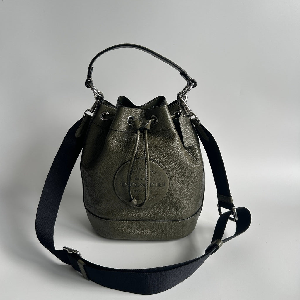 Coach Dempsey Drawstring Bucket Bag Olive Green Pebbled Leather C4100