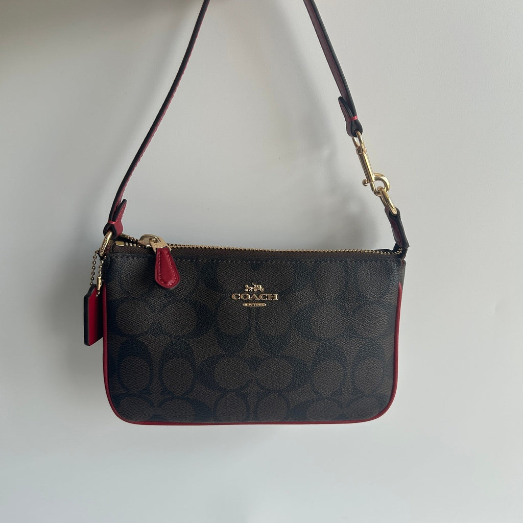 Coach Nolita 19 Signature Canvas Gold Brown Red Wristlet Bag C3308