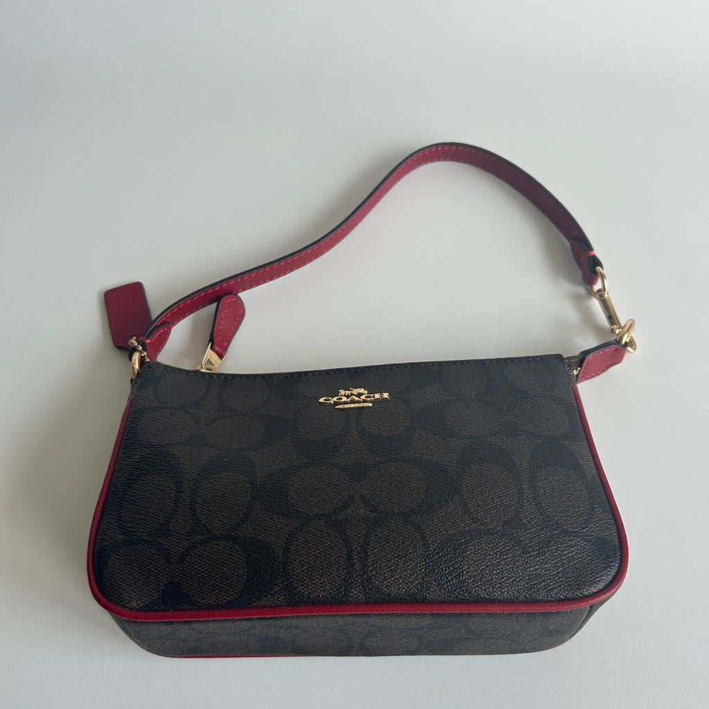 Coach Nolita 19 Signature Canvas Gold Brown Red Wristlet Bag C3308