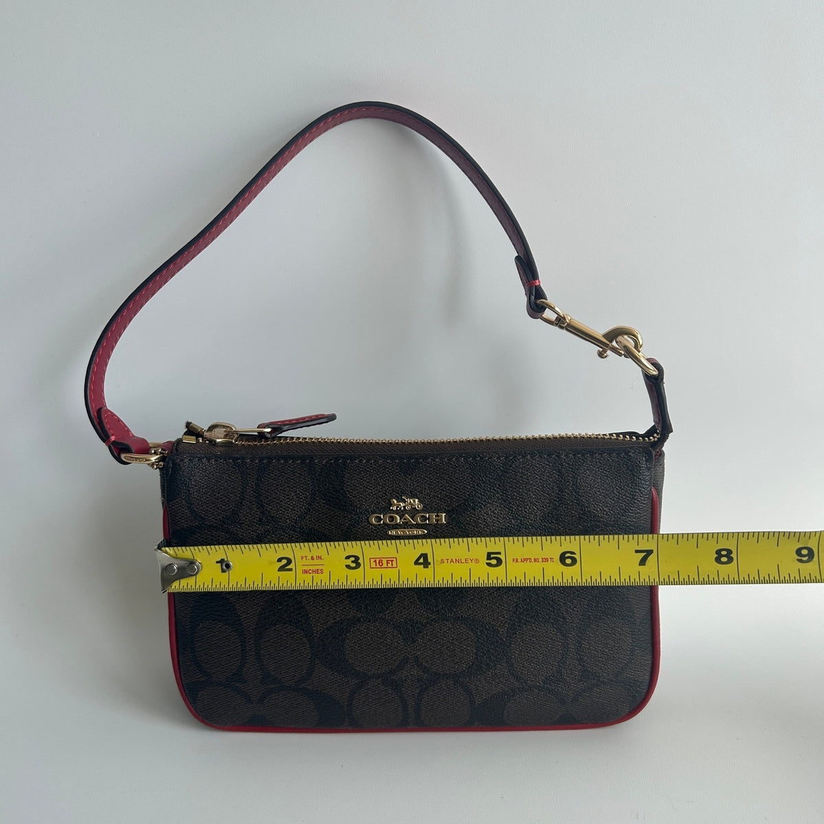 Coach Nolita 19 Signature Canvas Gold Brown Red Wristlet Bag C3308
