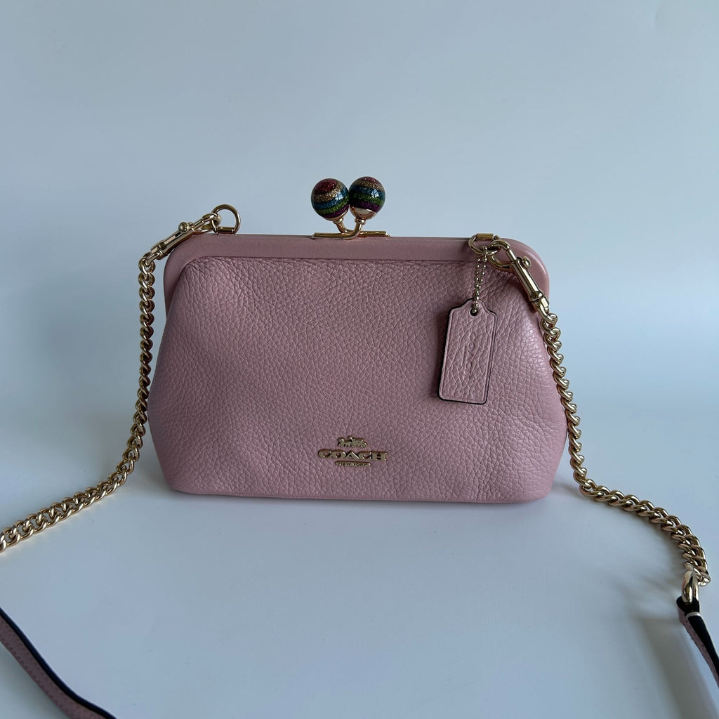 Coach Nora Kisslock Crossbody Bag Pink Pebbled Leather Chain Strap C1451