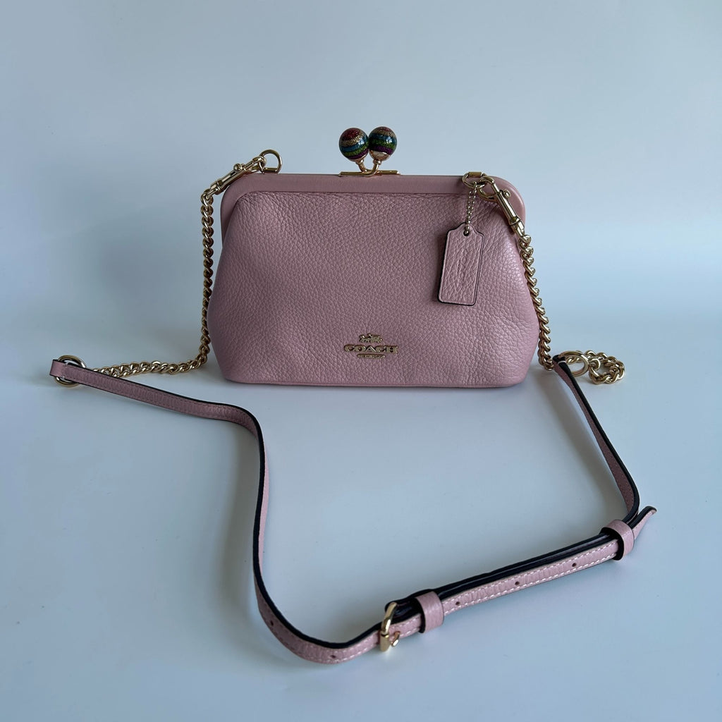 Coach Nora Kisslock Crossbody Bag Pink Pebbled Leather Chain Strap C1451